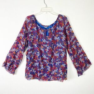 Shoshanna Blue Multicolored Floral Silk Long Sleeve Blouse Top Size 10